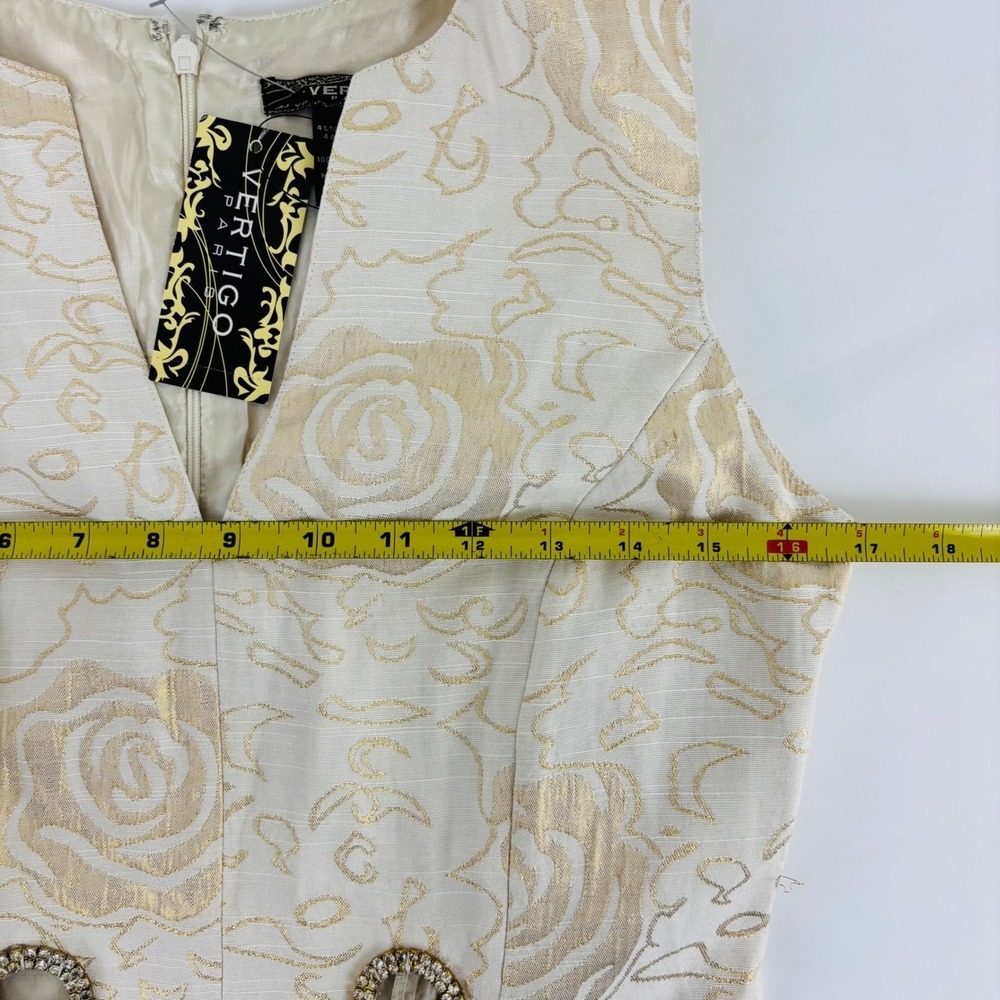 New Vertigo Paris Gold Floral Brocade Sheath Dress Metallic V-Neck Cocktail XS - Picture 10 of 12